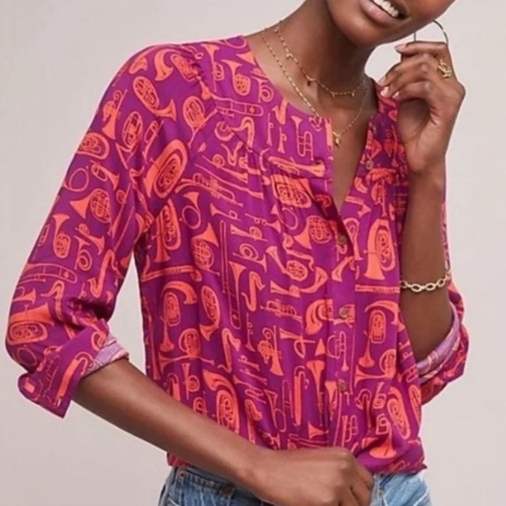 Anthropologie Conversations Toot Your Horn Instrument 22 Blouse